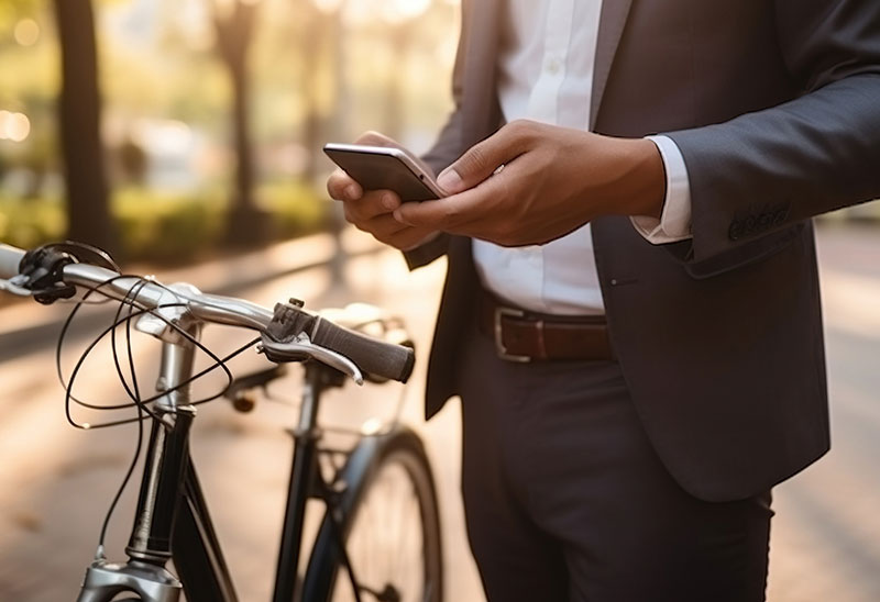 Business professional standing next to a bicycle using his phone