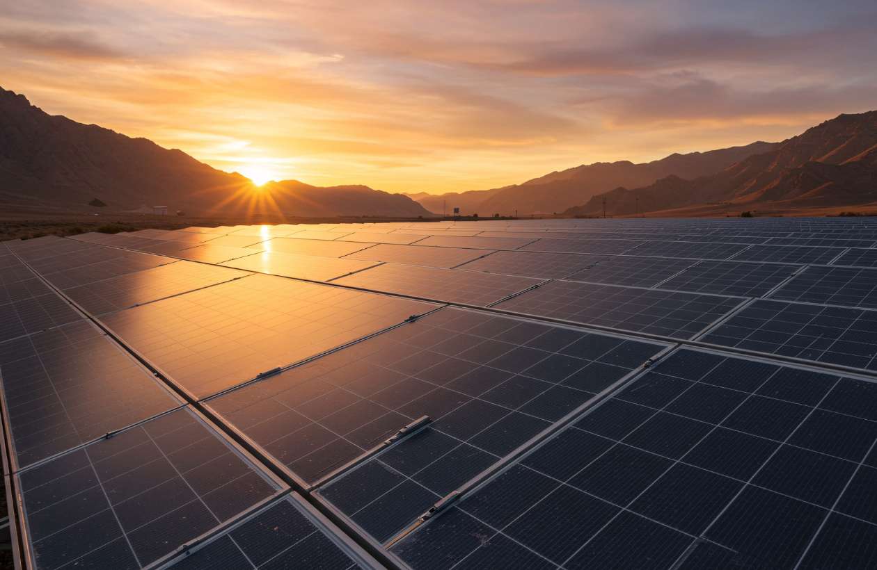 solar cells with sunset in background