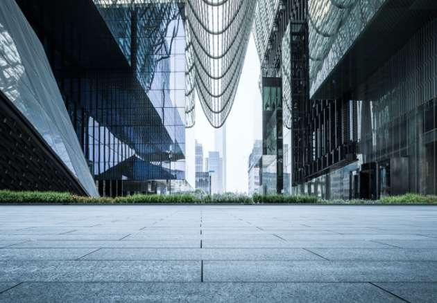 Low angle view of courtyard between two buildings